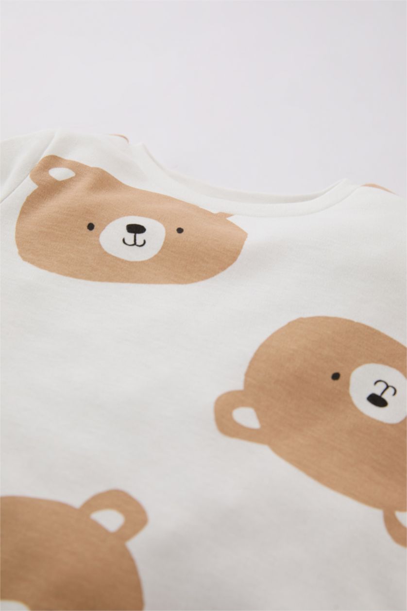 Erkek Bebek Ekru Erkek Bebek Pijama Takımı Ayı Desenli Bisiklet Yaka Uzun Kollu Üst Uzun Alt