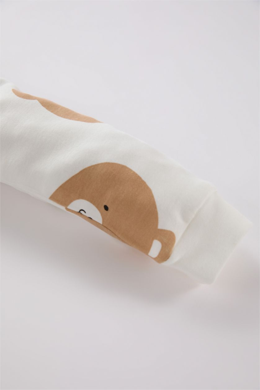 Erkek Bebek Ekru Erkek Bebek Pijama Takımı Ayı Desenli Bisiklet Yaka Uzun Kollu Üst Uzun Alt