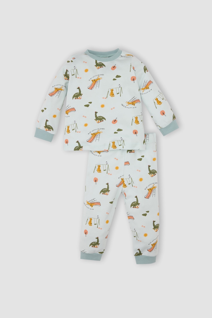 Erkek Bebek Açık Mavi Erkek Bebek Pijama Takımı Desenli Uzun Kollu Üst Alt