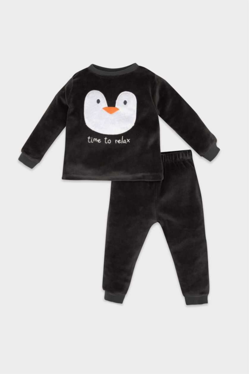 BABY BOY Anthracite Baby Boy Penguin Patterned Velour Long Sleeve 2 Piece Pajama Set