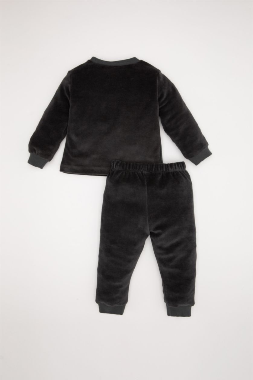 BABY BOY Anthracite Baby Boy Penguin Patterned Velour Long Sleeve 2 Piece Pajama Set