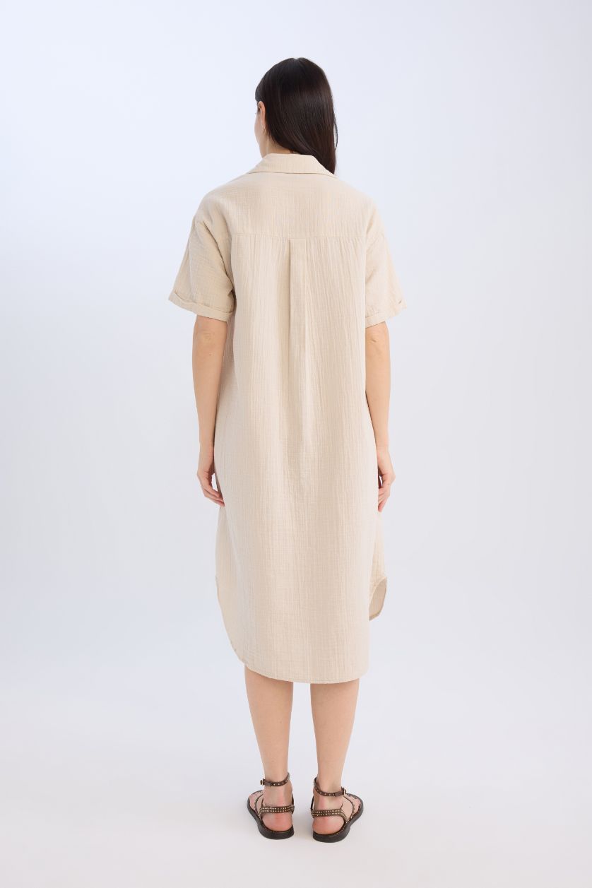Kadın Bej Regular Fit Düğmeli Polo Yaka Basic Düz Müslin Kısa Kollu Midi Elbise