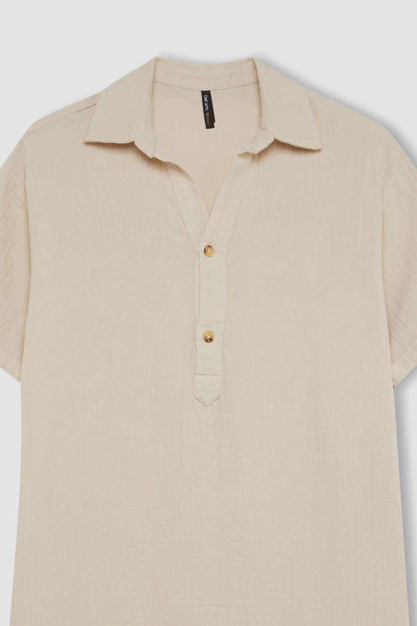 Kadın Bej Regular Fit Düğmeli Polo Yaka Basic Düz Müslin Kısa Kollu Midi Elbise