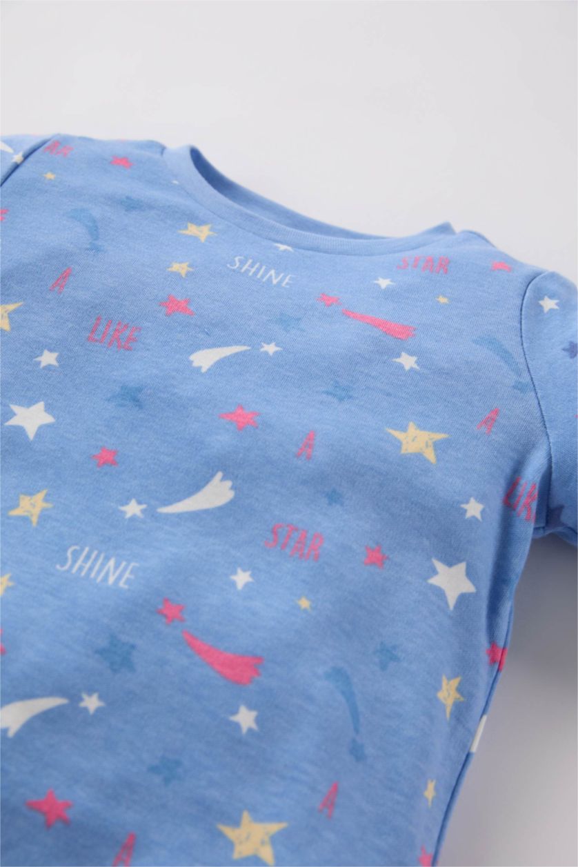 Kız Bebek Mavi Kız Bebek Pijama Takımı Gökkuşağı Baskılı Uzun Kollu Fitilli Kaşkorse Üst Uzun Alt