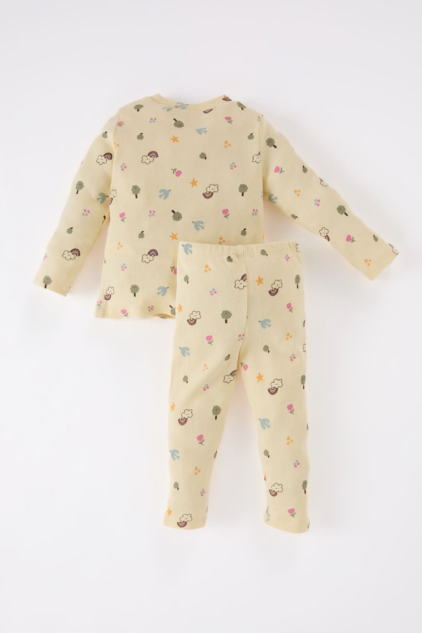 طفلة صغيرة أصفر فاتح طقم بيجاما بيبي بناتي مضلع قصة عادية بكم طويل - قطعتين