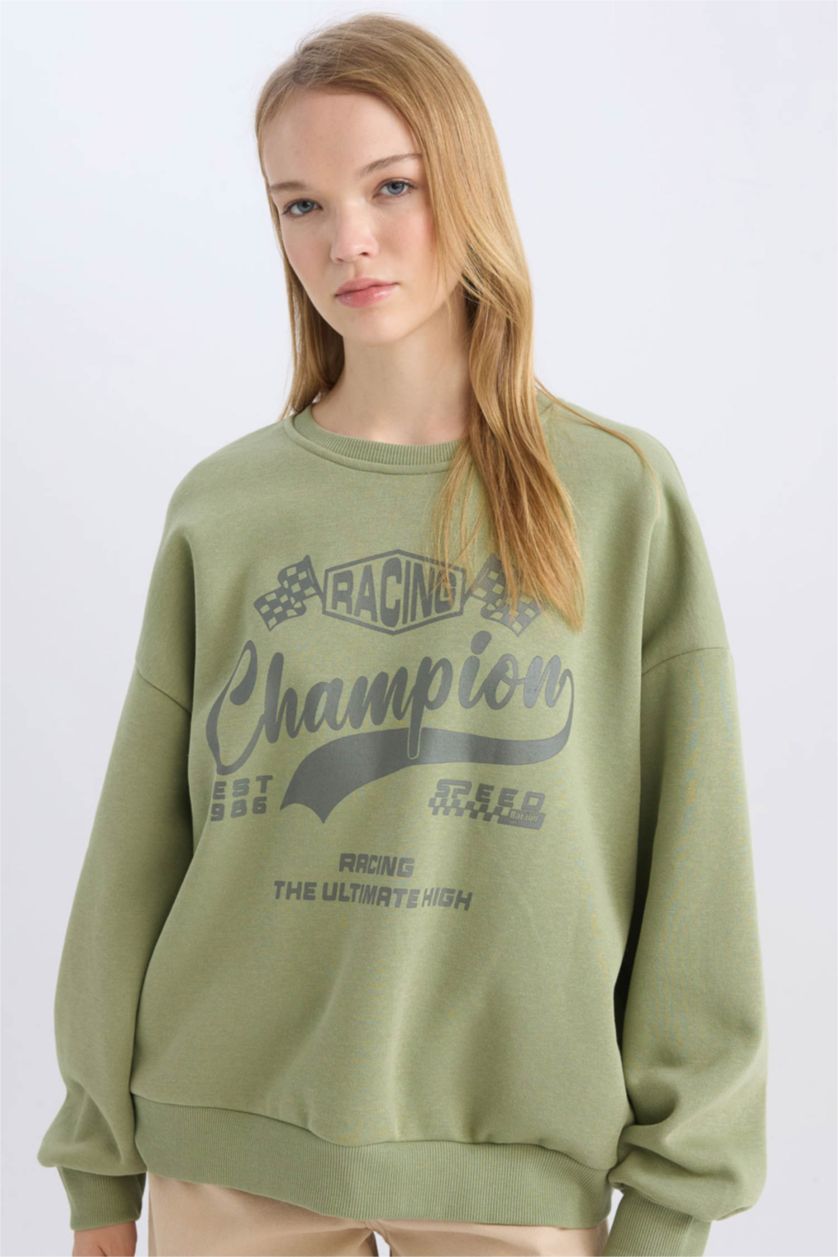 Kadın Haki Oversize Geniş Kalıp Bisiklet Yaka Baskılı Kalın Sweatshirt