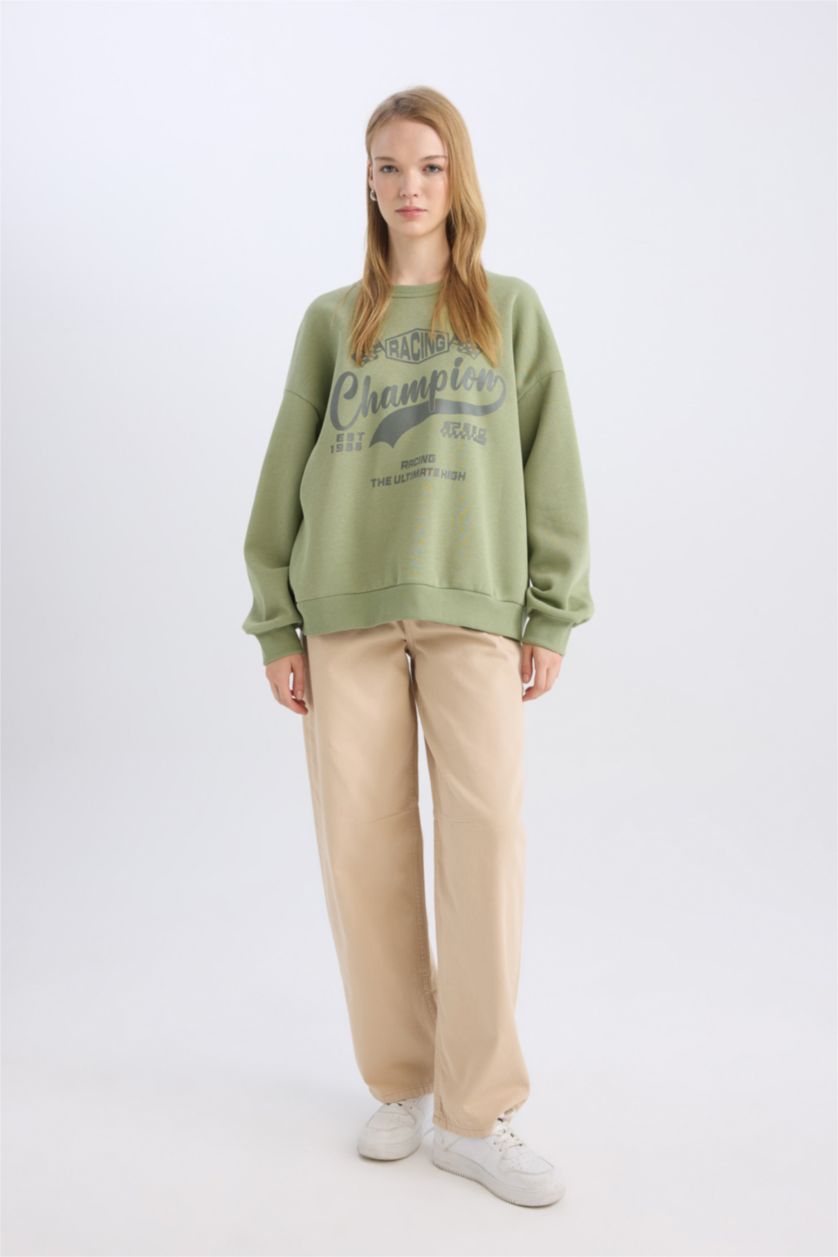 Kadın Haki Oversize Geniş Kalıp Bisiklet Yaka Baskılı Kalın Sweatshirt