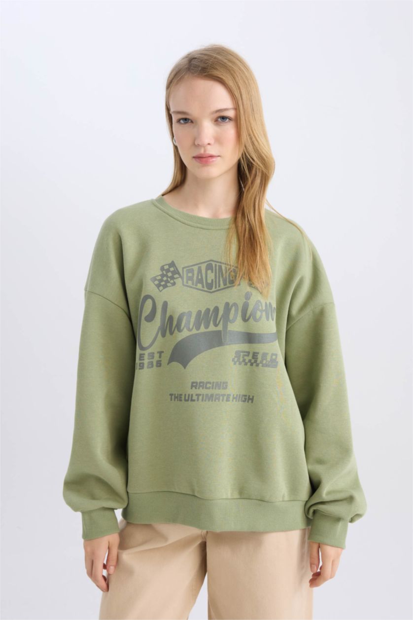 Kadın Haki Oversize Geniş Kalıp Bisiklet Yaka Baskılı Kalın Sweatshirt