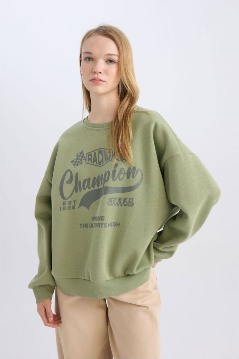 Kadın Haki Oversize Geniş Kalıp Bisiklet Yaka Baskılı Kalın Sweatshirt