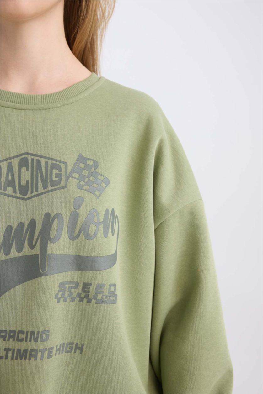 Kadın Haki Oversize Geniş Kalıp Bisiklet Yaka Baskılı Kalın Sweatshirt