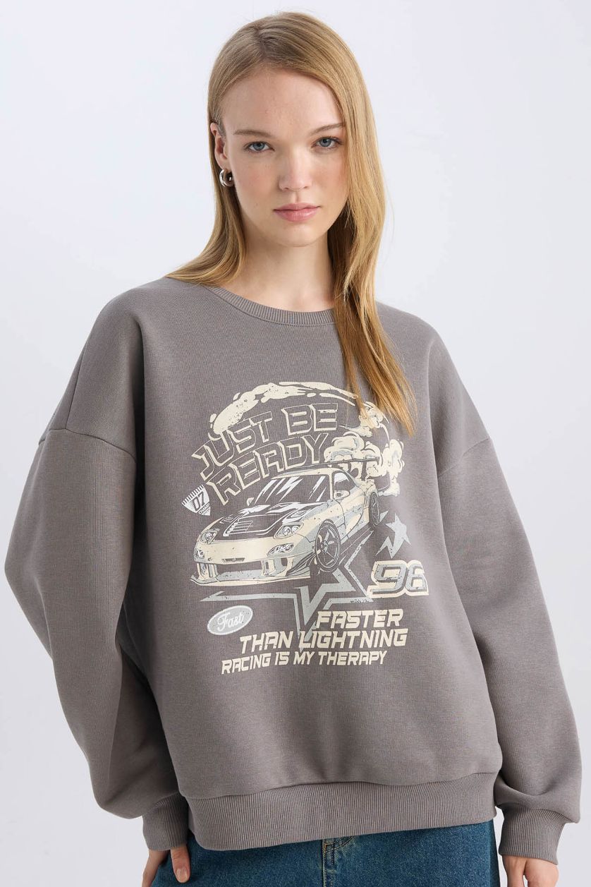 Kadın Koyu Gri Oversize Geniş Kalıp Bisiklet Yaka Baskılı Kalın Sweatshirt