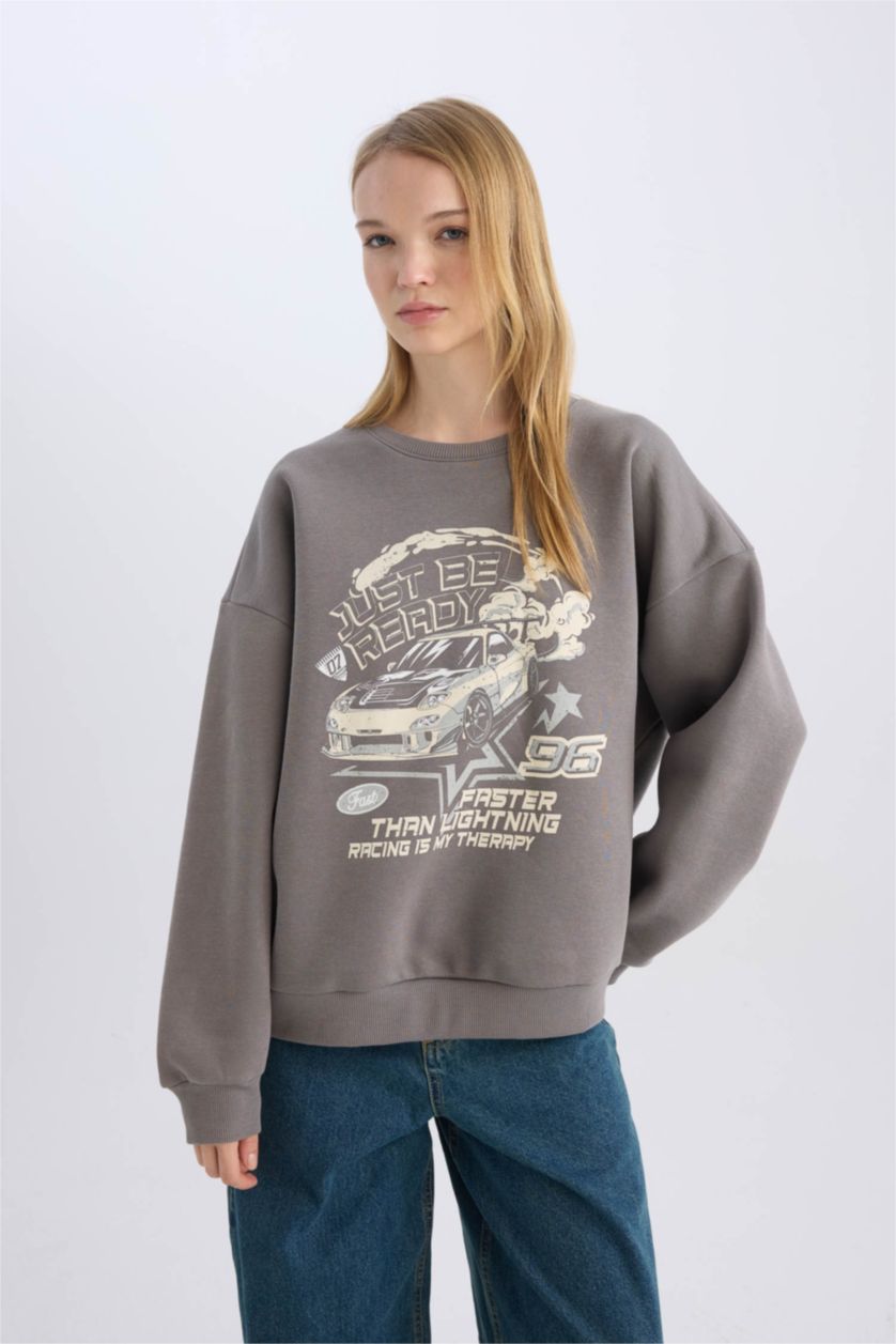 Kadın Koyu Gri Oversize Geniş Kalıp Bisiklet Yaka Baskılı Kalın Sweatshirt