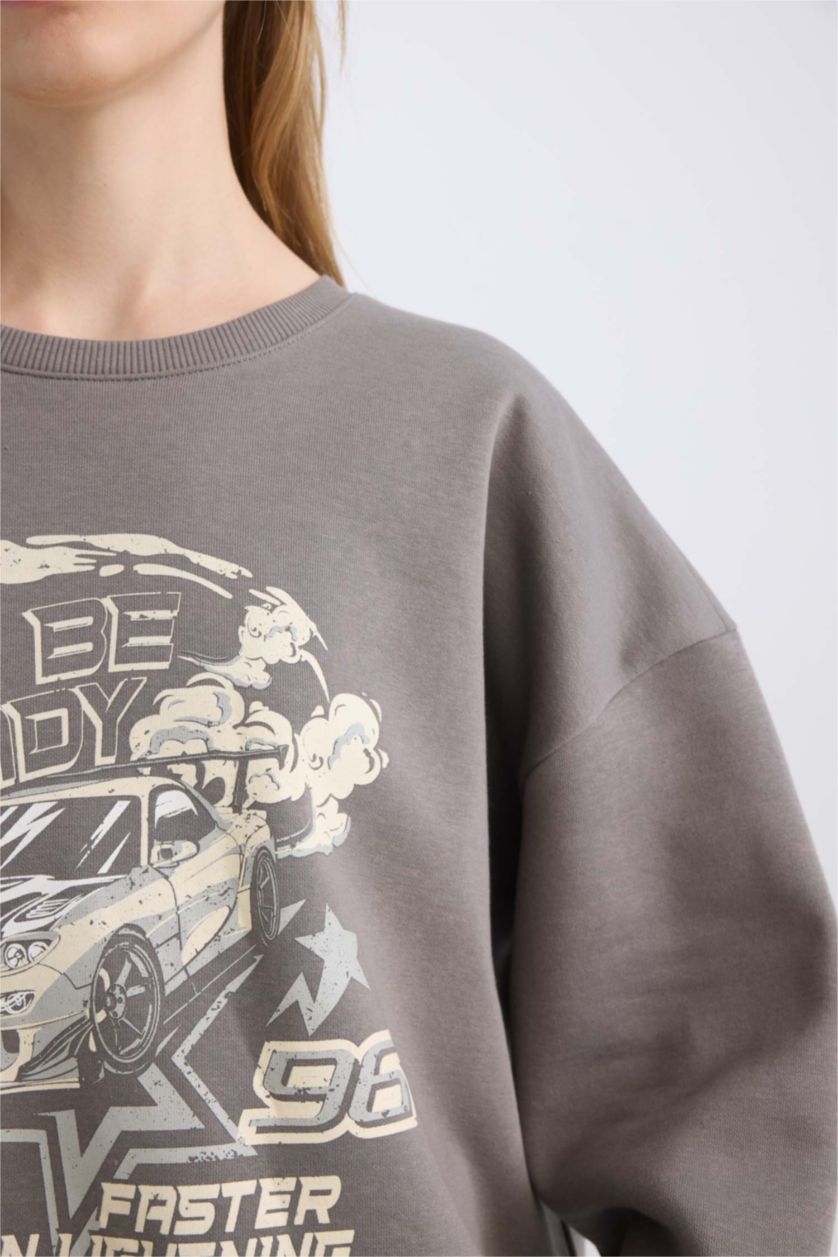 Kadın Koyu Gri Oversize Geniş Kalıp Bisiklet Yaka Baskılı Kalın Sweatshirt