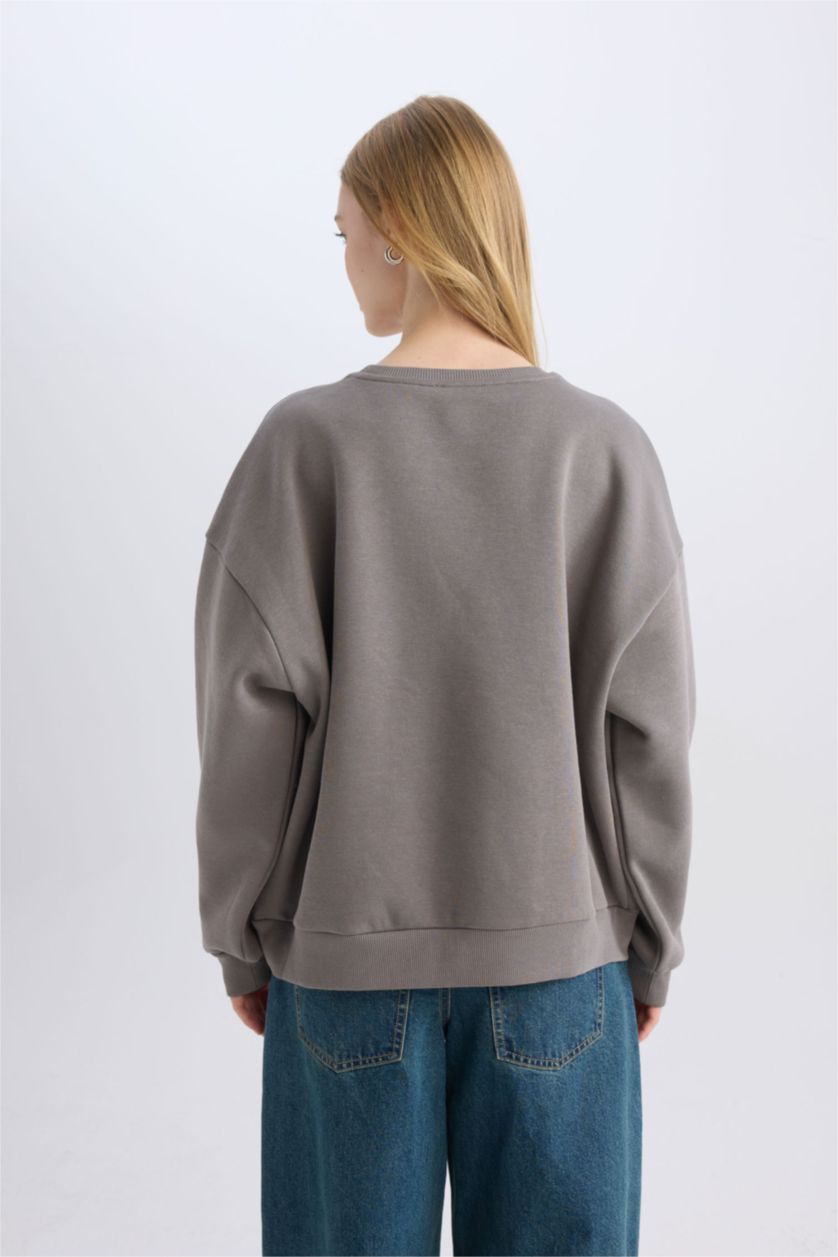 Kadın Koyu Gri Oversize Geniş Kalıp Bisiklet Yaka Baskılı Kalın Sweatshirt