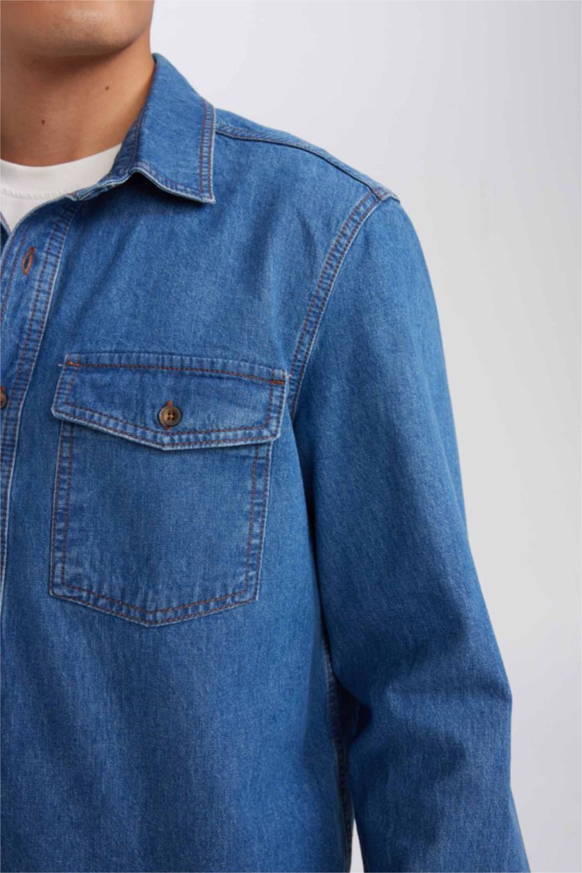 رجال أزرق غامق قميص جينز اسود سامبل قصة عادية وكم طويل