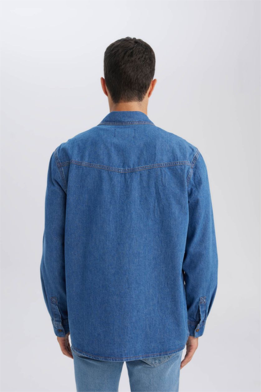 رجال أزرق غامق قميص جينز اسود سامبل قصة عادية وكم طويل