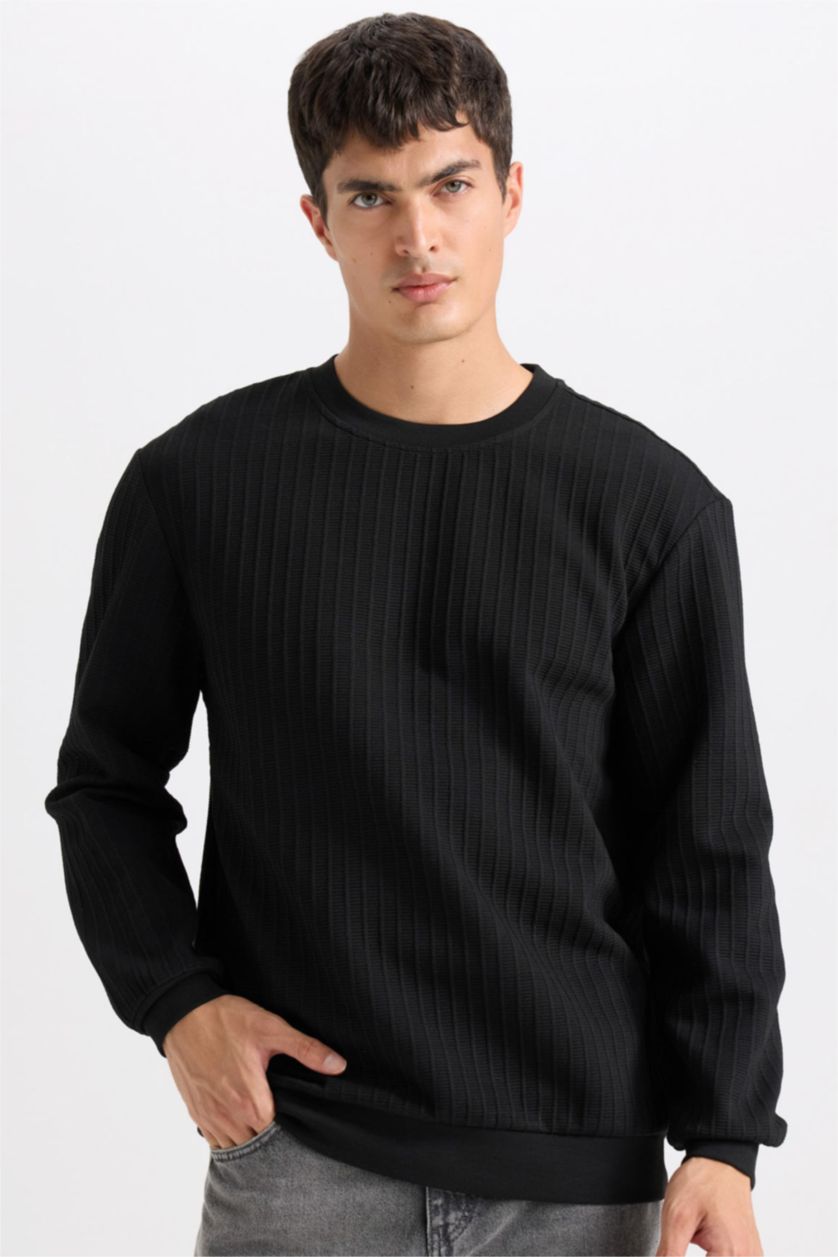 MAN Black Regular Fit Crew Neck Jacquard Basic Sweatshirt