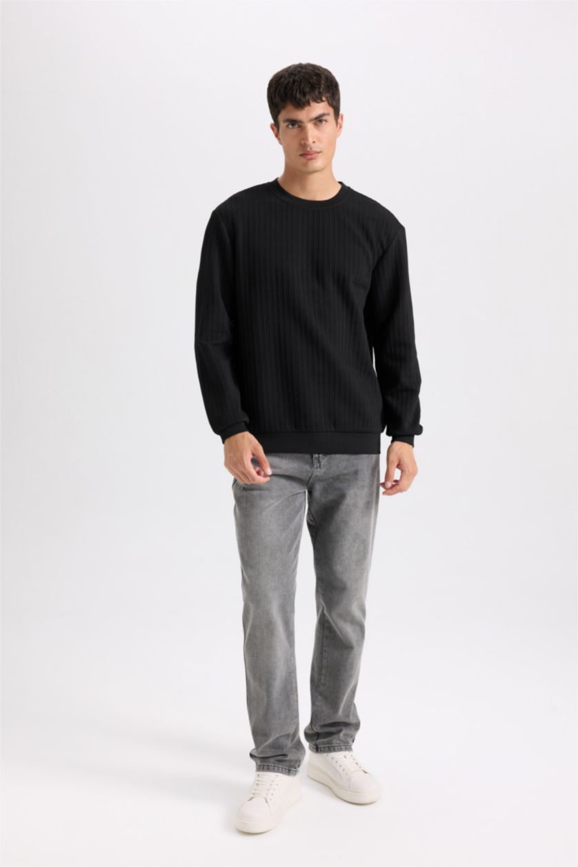 MAN Black Regular Fit Crew Neck Jacquard Basic Sweatshirt