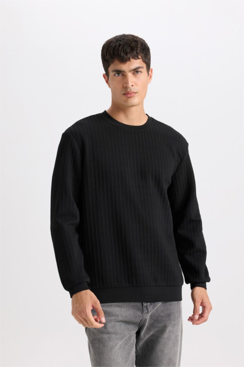 MAN Black Regular Fit Crew Neck Jacquard Basic Sweatshirt