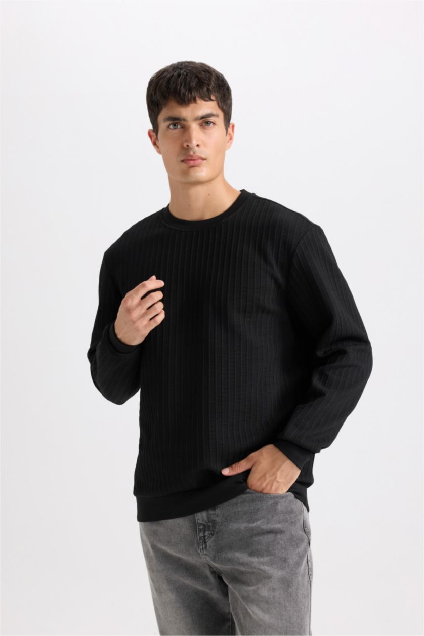 MAN Black Regular Fit Crew Neck Jacquard Basic Sweatshirt