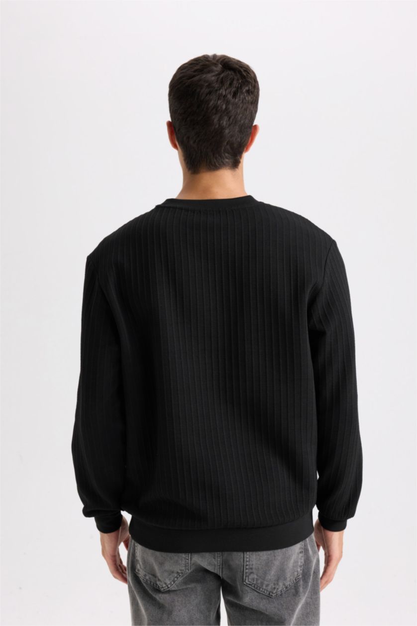 MAN Black Regular Fit Crew Neck Jacquard Basic Sweatshirt