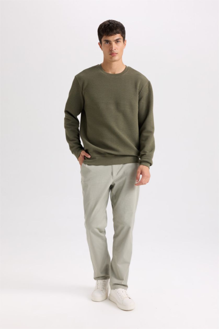 Erkek Haki Regular Fit Bisiklet Yaka Jakarlı Sweatshirt