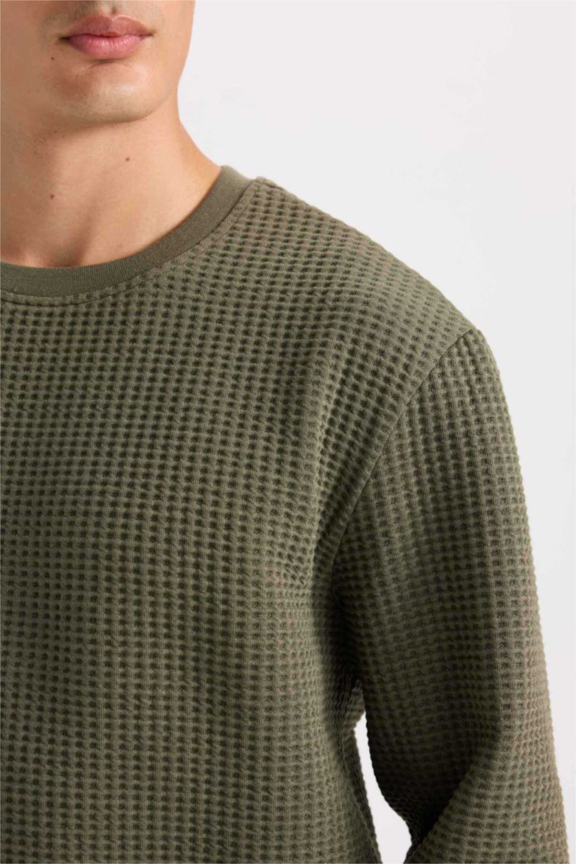 Erkek Haki Regular Fit Bisiklet Yaka Jakarlı Sweatshirt