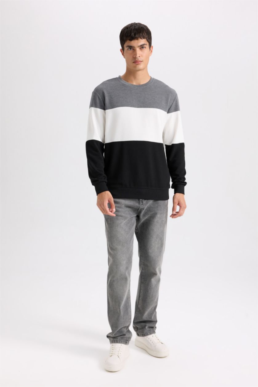 Erkek Siyah Regular Fit Bisiklet Yaka Jakarlı Sweatshirt