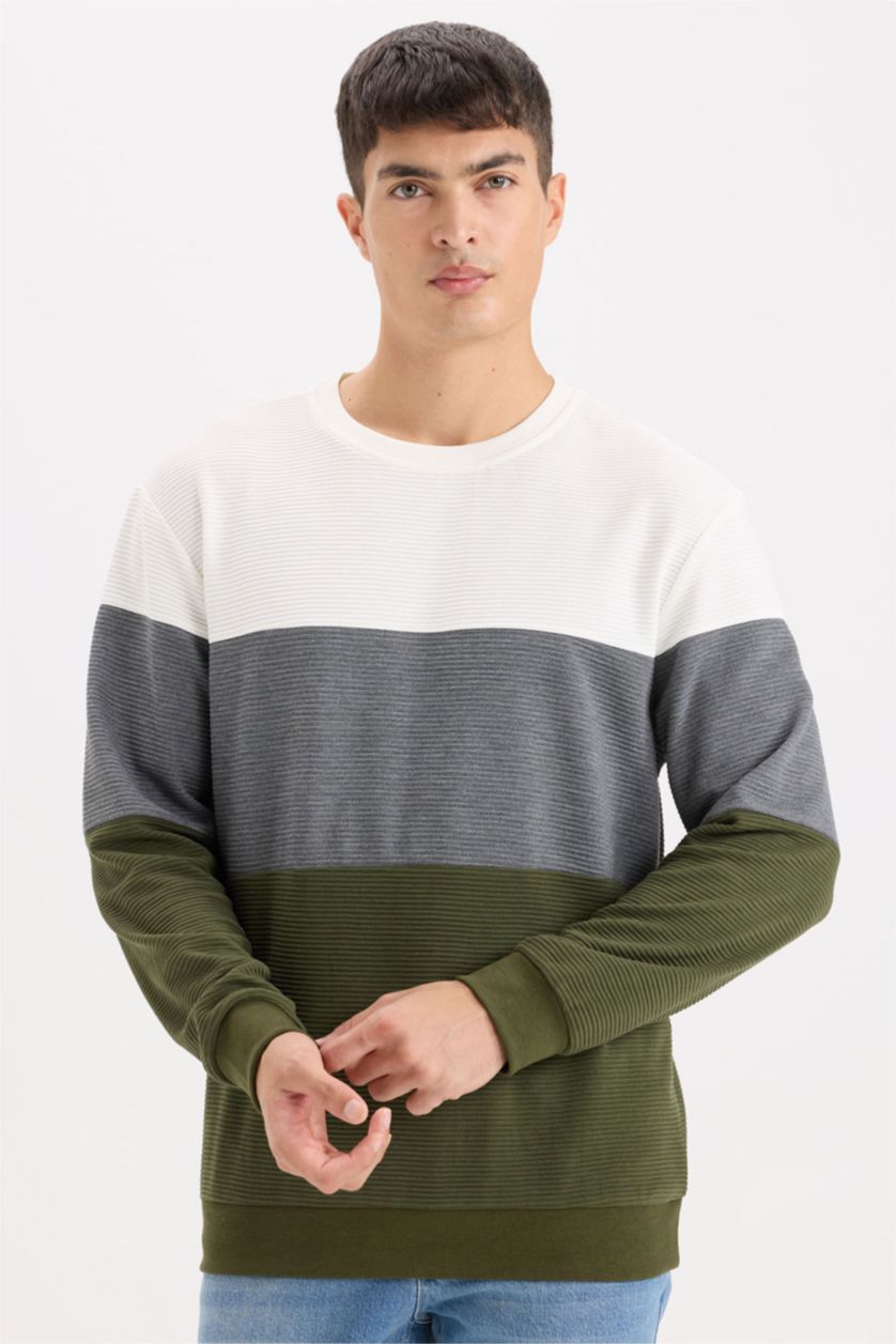 Erkek Yeşil Melanj Regular Fit Bisiklet Yaka Renk Bloklu Jakarlı Sweatshirt