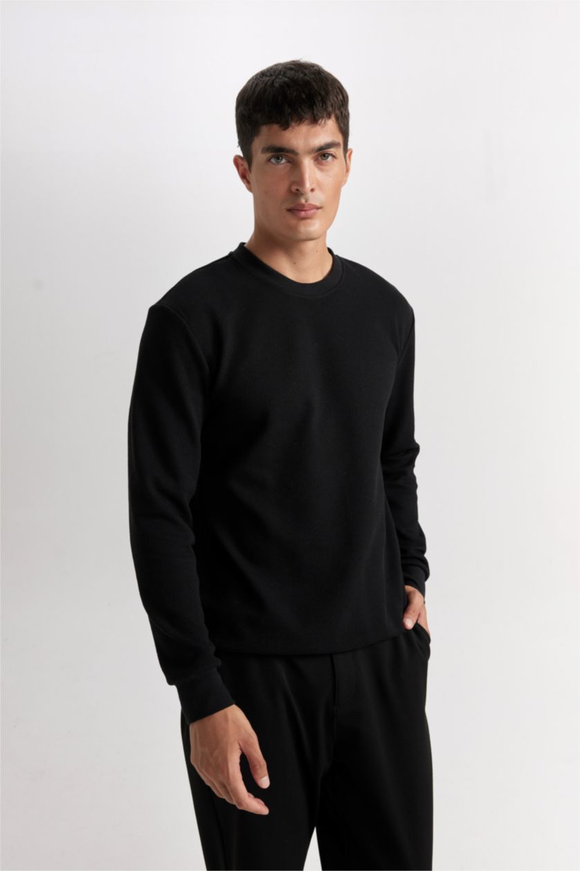 Erkek Siyah Regular Fit Bisiklet Yaka Jakarlı Sweatshirt