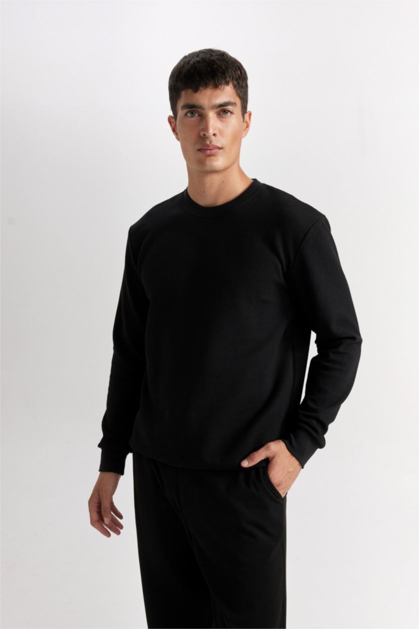 Erkek Siyah Regular Fit Bisiklet Yaka Jakarlı Sweatshirt