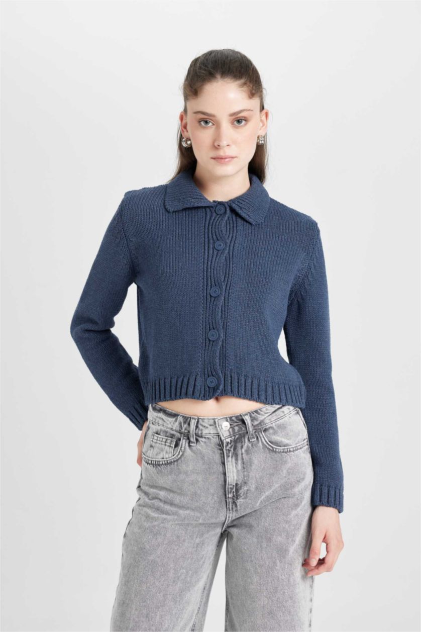نساء كحلي Regular Fit Polo Collar Knitwear Cardigan