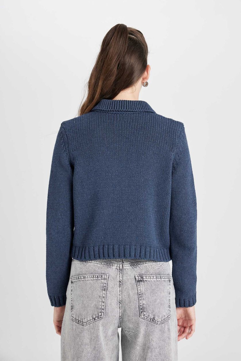 Kadın Lacivert Regular Fit Polo Yaka Basic Düz Düğmeli Triko Hırka