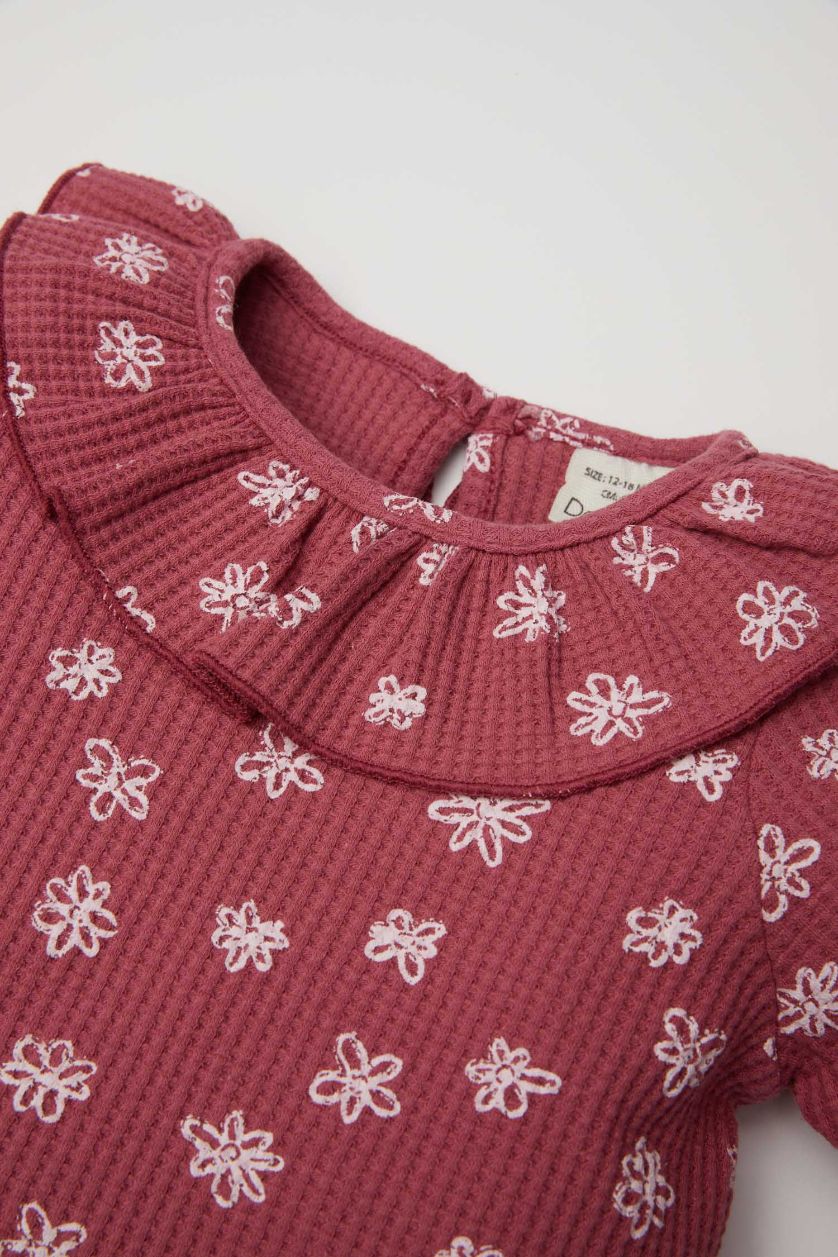 Kız Bebek Mor Büyük Yaka Çiçekli Waffle Uzun Kollu Tişört Kız Bebek