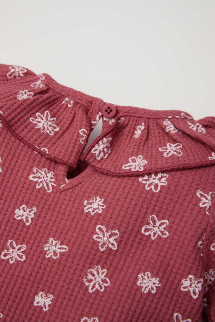 Kız Bebek Mor Büyük Yaka Çiçekli Waffle Uzun Kollu Tişört Kız Bebek