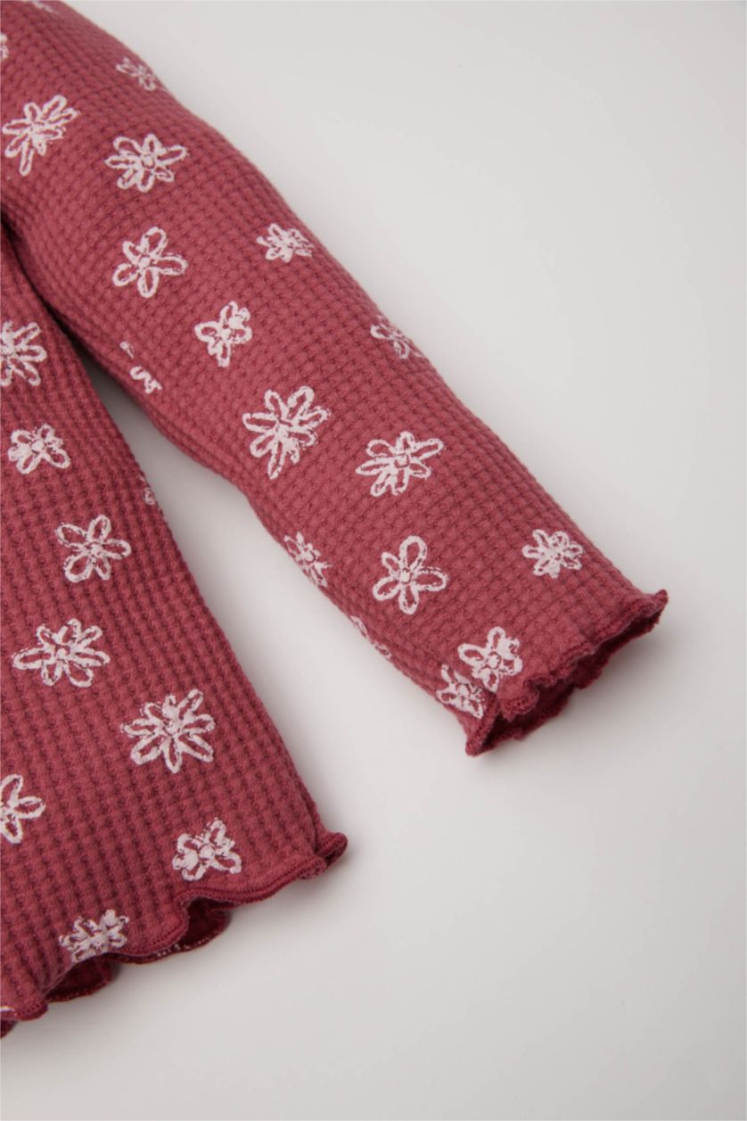 Kız Bebek Mor Büyük Yaka Çiçekli Waffle Uzun Kollu Tişört Kız Bebek