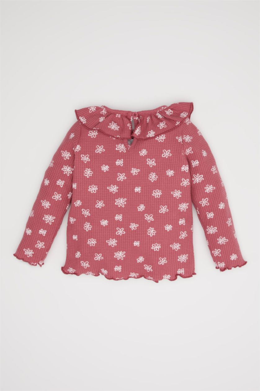 Kız Bebek Mor Büyük Yaka Çiçekli Waffle Uzun Kollu Tişört Kız Bebek