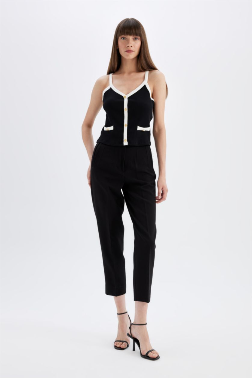 Kadın Siyah Slim Fit Dar Kesim V Yaka Fitilli Kaşkorse Atlet