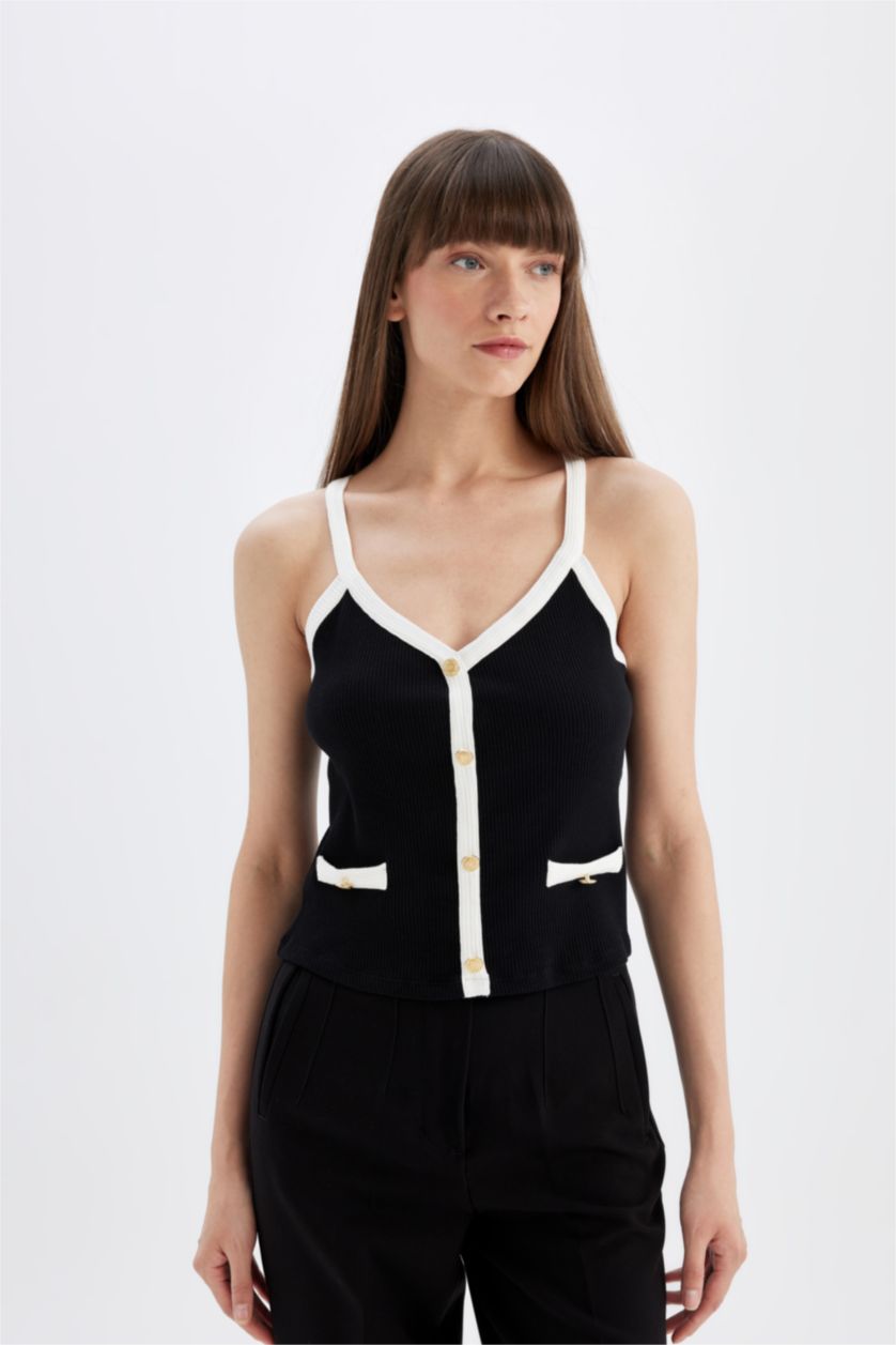 Kadın Siyah Slim Fit Dar Kesim V Yaka Fitilli Kaşkorse Atlet