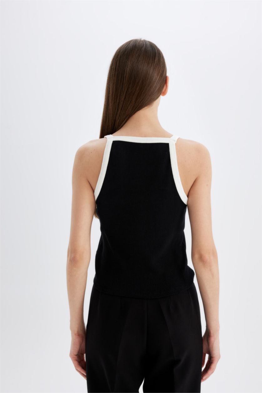 Kadın Siyah Slim Fit Dar Kesim V Yaka Fitilli Kaşkorse Atlet