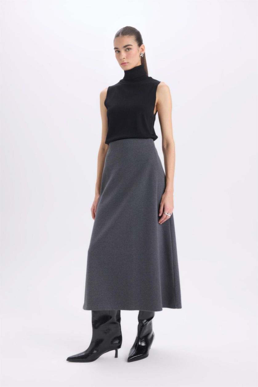 Kadın Antrasit A Kesim Beli Lastikli Basic Düz Normal Bel Maxi Etek