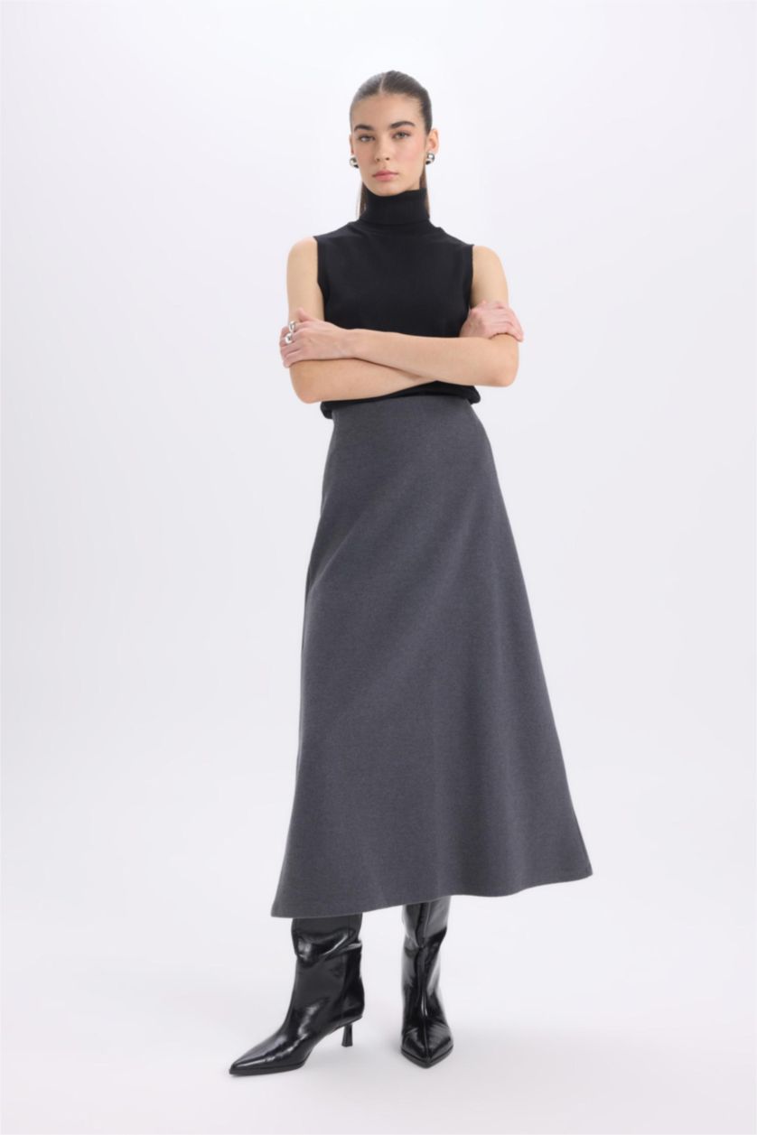 Kadın Antrasit A Kesim Beli Lastikli Basic Düz Normal Bel Maxi Etek