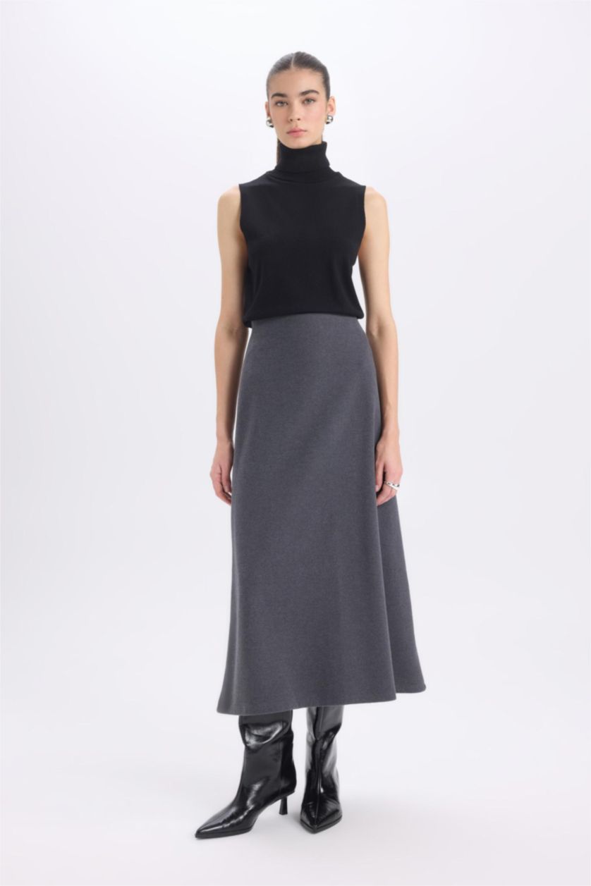 Kadın Antrasit A Kesim Beli Lastikli Basic Düz Normal Bel Maxi Etek