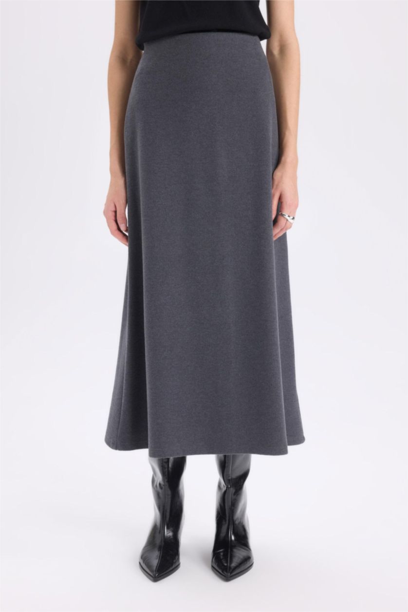 Kadın Antrasit A Kesim Beli Lastikli Basic Düz Normal Bel Maxi Etek