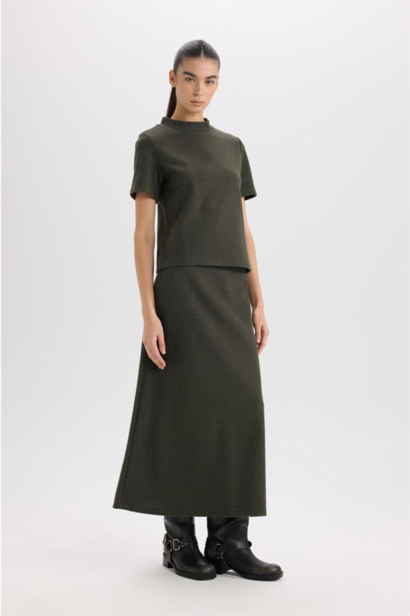 Kadın Koyu Haki A Kesim Beli Lastikli Basıc Normal Bel Maxi Etek