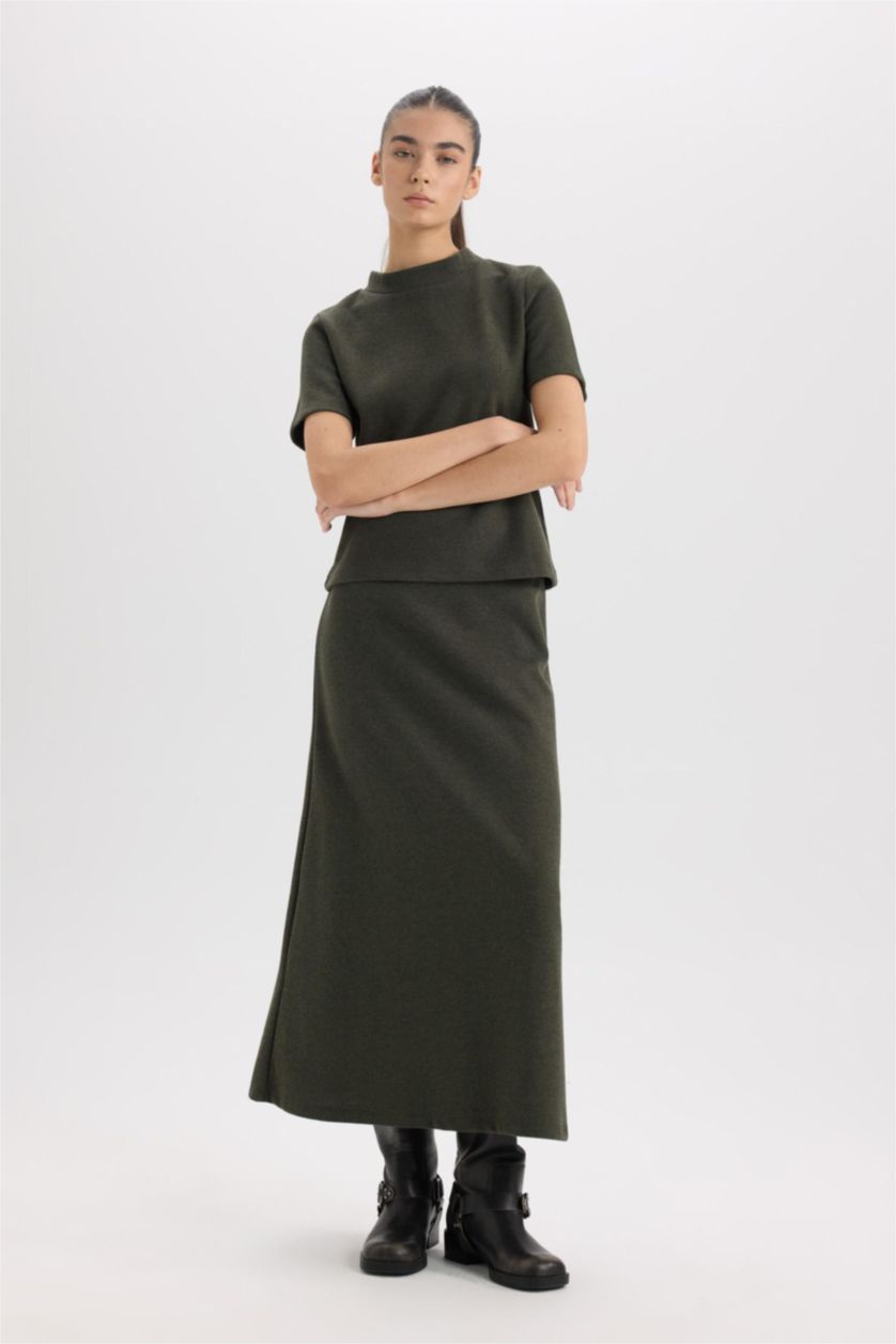 Kadın Koyu Haki A Kesim Beli Lastikli Basıc Normal Bel Maxi Etek