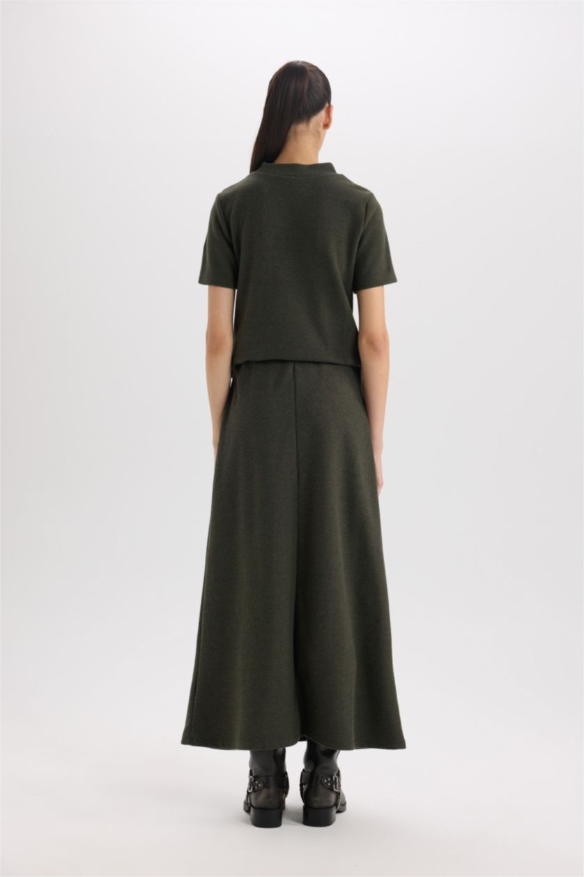 Kadın Koyu Haki A Kesim Beli Lastikli Basıc Normal Bel Maxi Etek