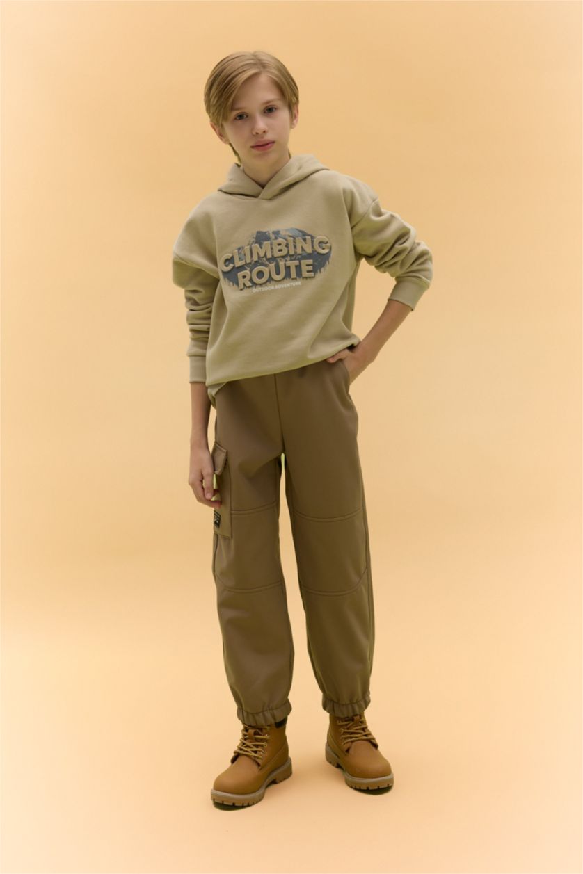 Erkek Çocuk - Genç Erkek Açık Haki Oversize Geniş Kalıp Kapüşonlu Baskılı Sweatshirt Erkek Çocuk