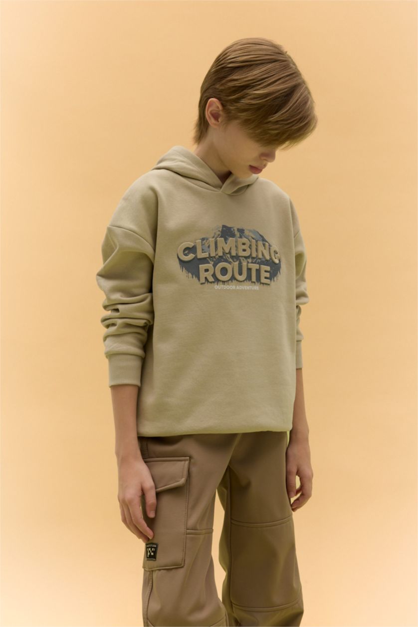 Erkek Çocuk - Genç Erkek Açık Haki Oversize Geniş Kalıp Kapüşonlu Baskılı Sweatshirt Erkek Çocuk