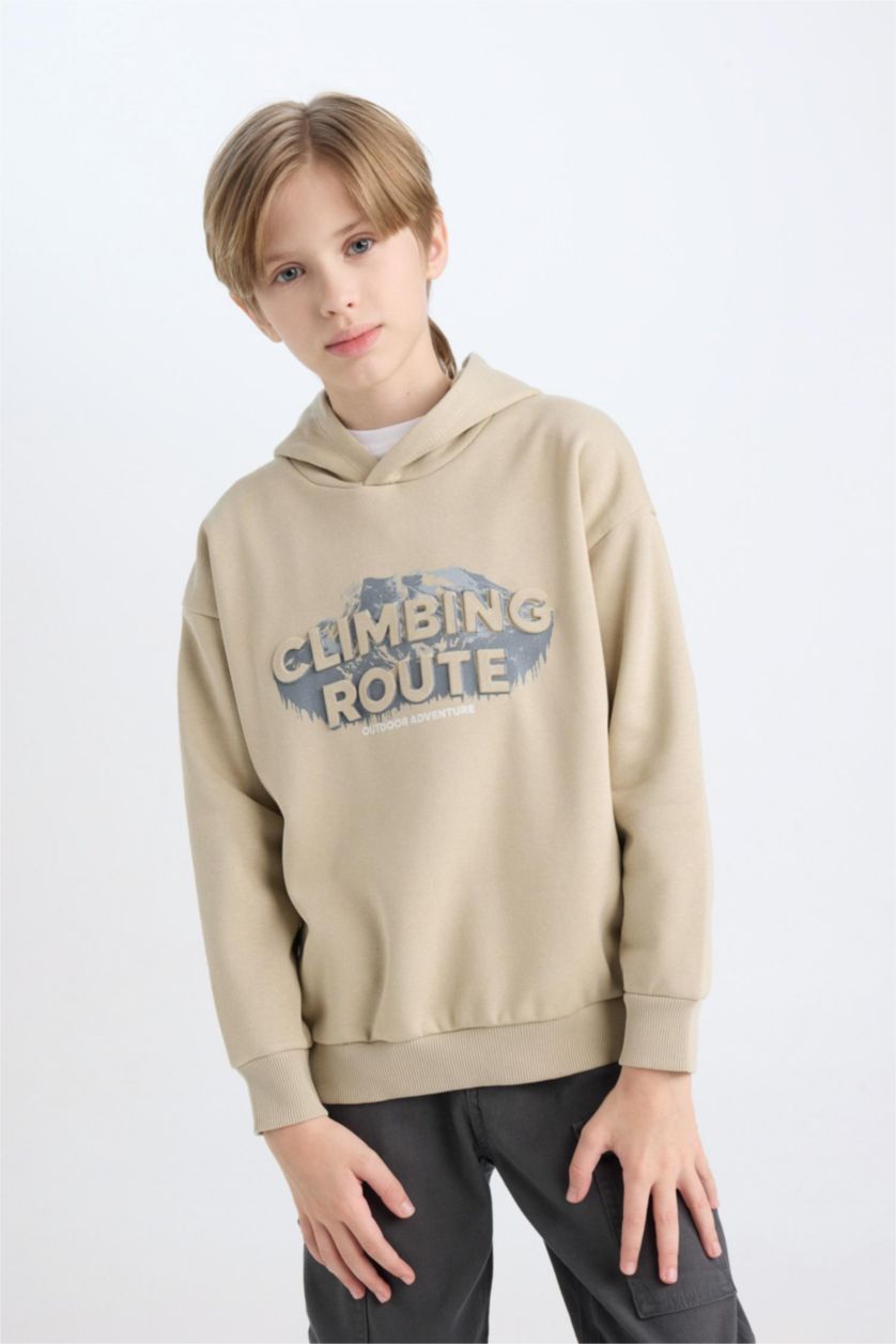 Erkek Çocuk - Genç Erkek Açık Haki Oversize Geniş Kalıp Kapüşonlu Baskılı Sweatshirt Erkek Çocuk